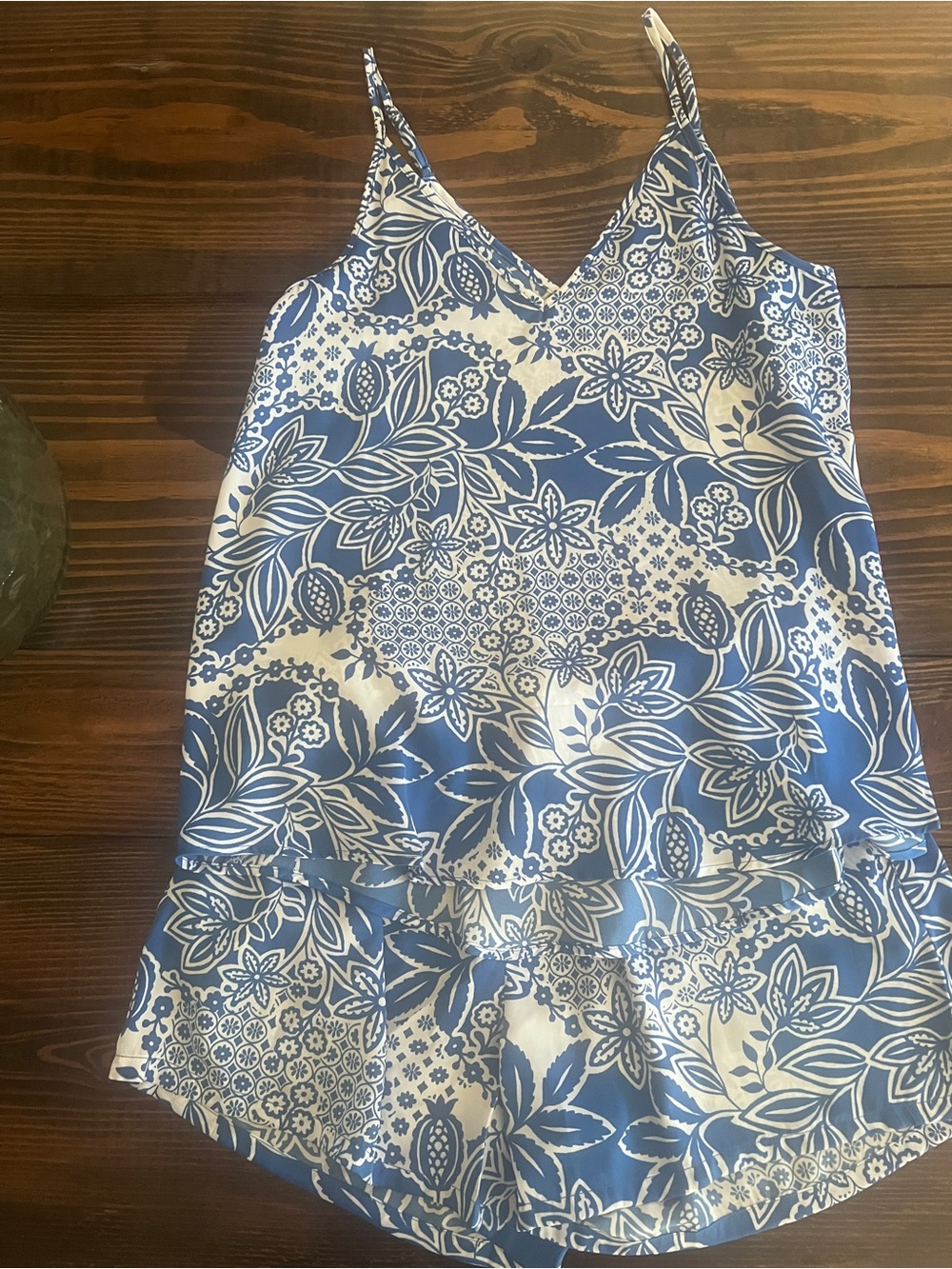 Blue & White Floral V-Neck Satin Cami Set